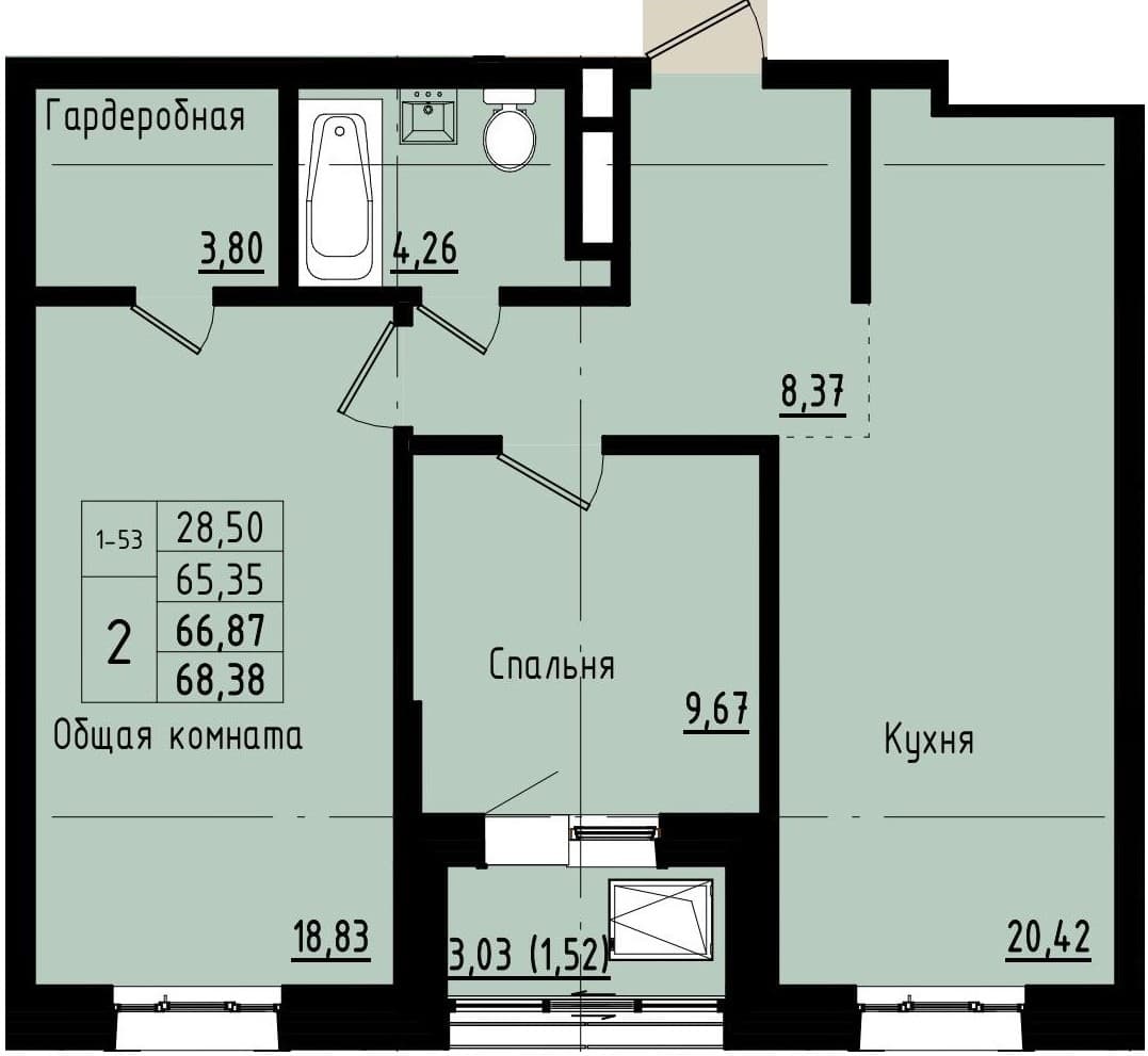 2 комн., 66.9 м²
