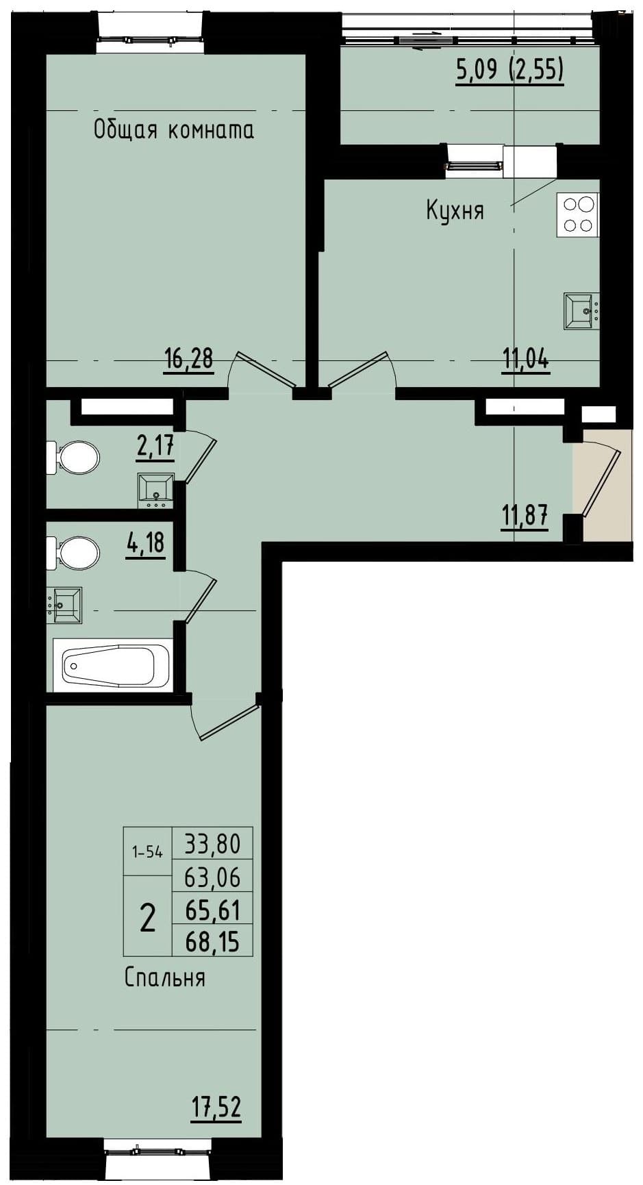 2 комн., 65.6 м²