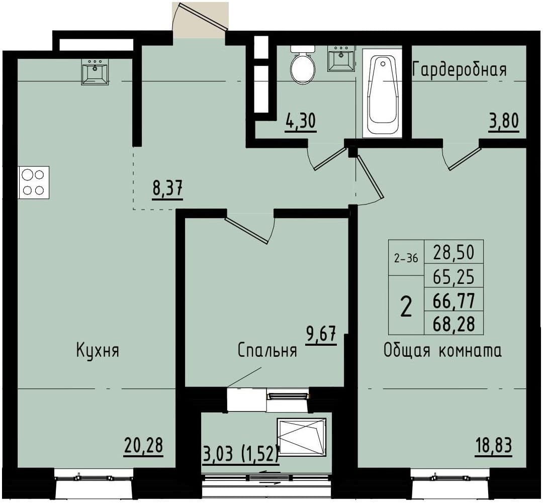 2 комн., 66.8 м²