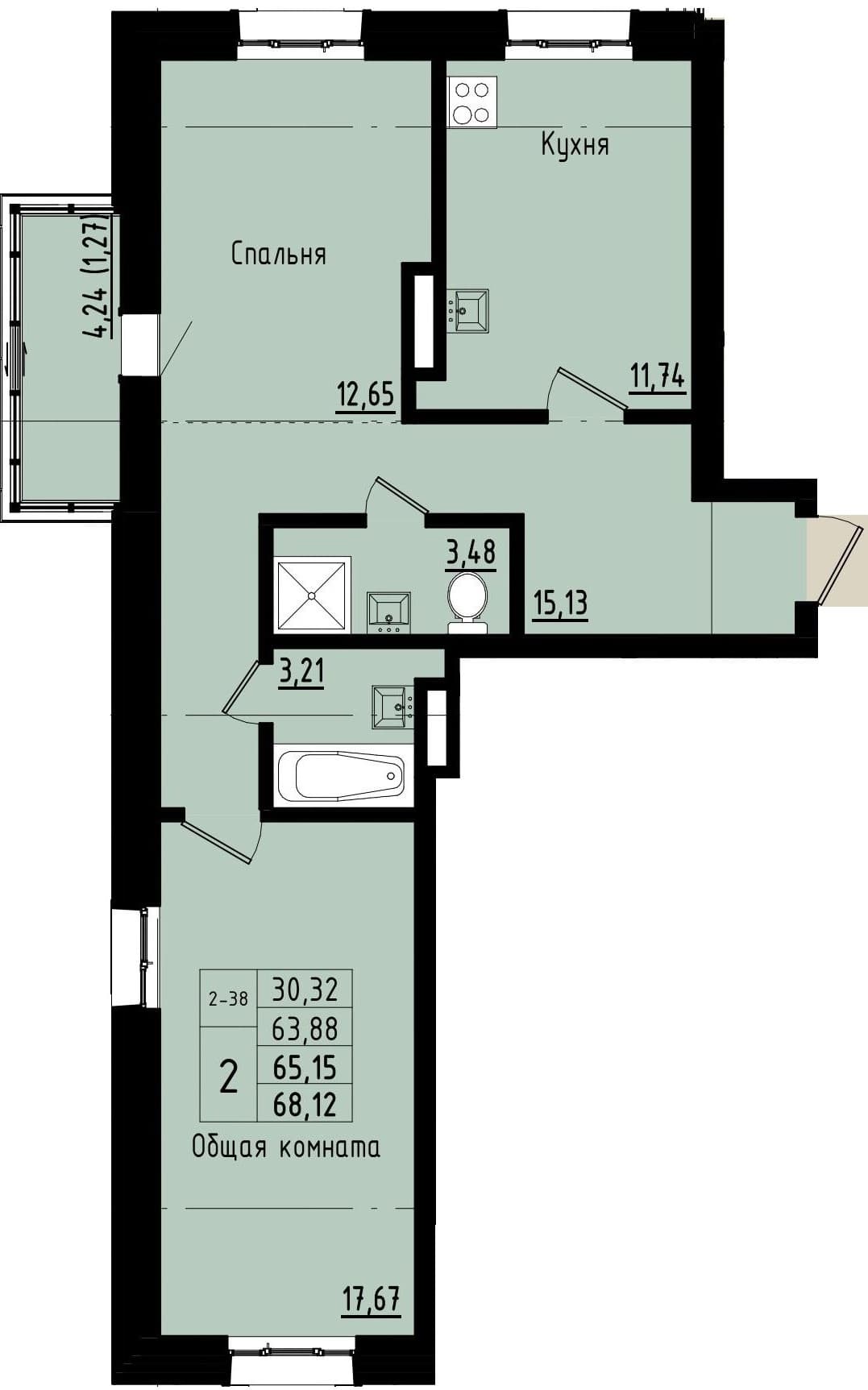 2 комн., 65.2 м²