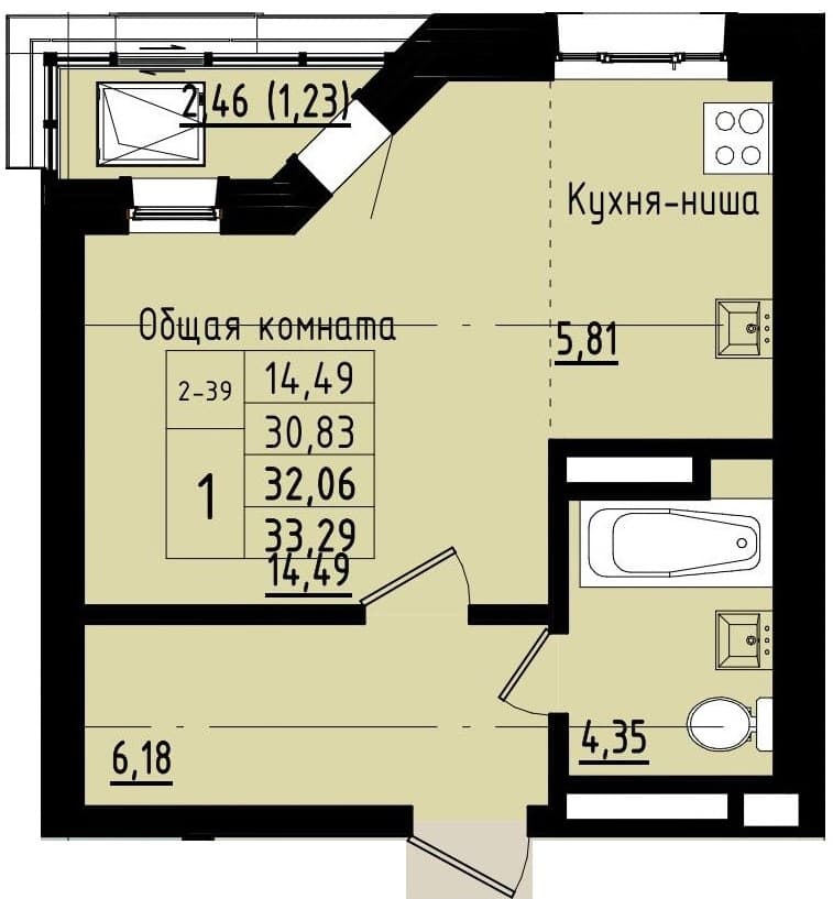 1 комн., 32.1 м²