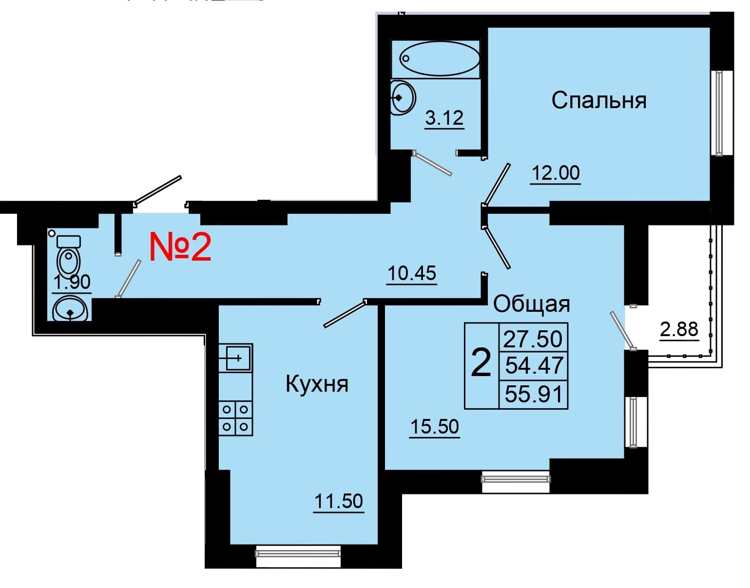 2 комн., 56.0 м²