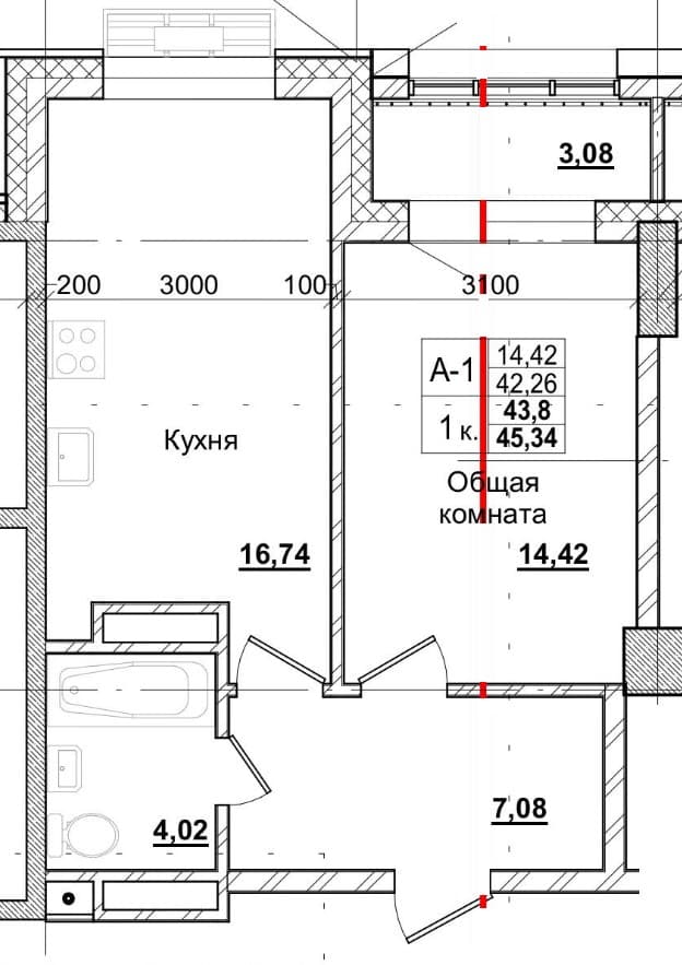 1 комн., 44.5 м²