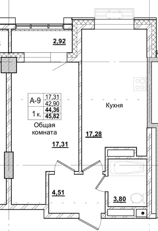 1 комн., 44.7 м²