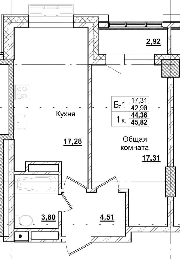 1 комн., 44.7 м²