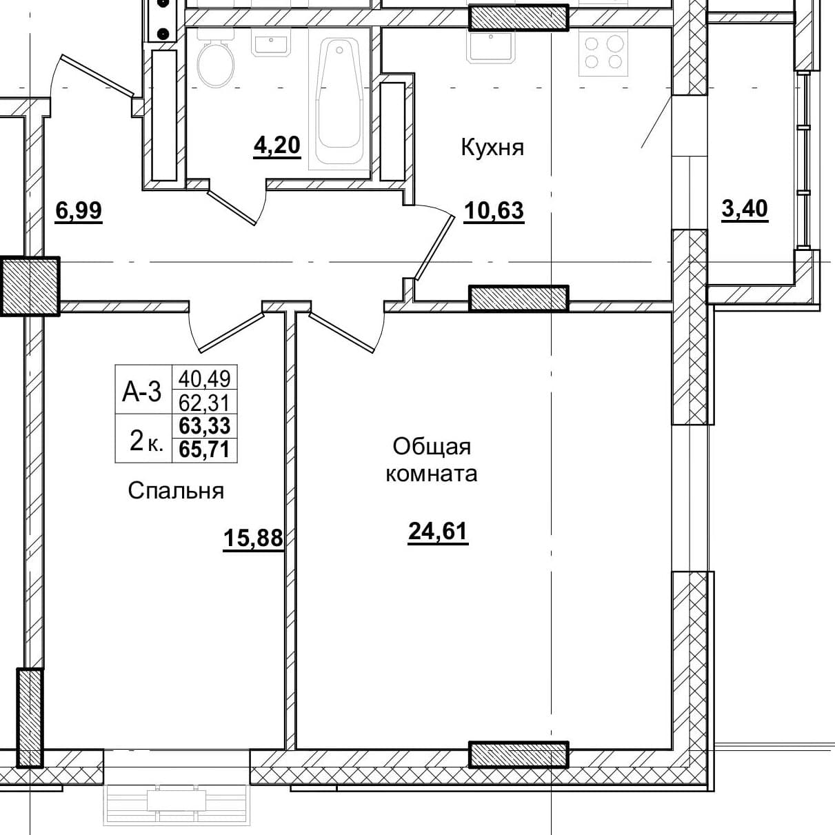 2 комн., 65.2 м²
