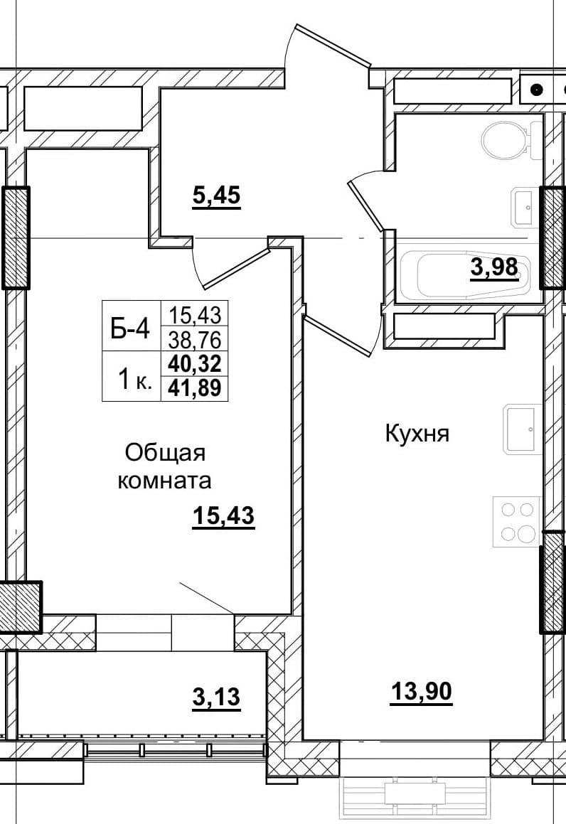 1 комн., 40.3 м²