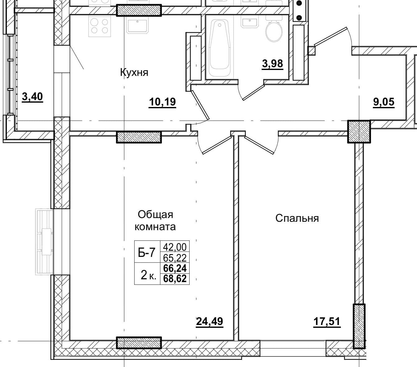 2 комн., 66.4 м²