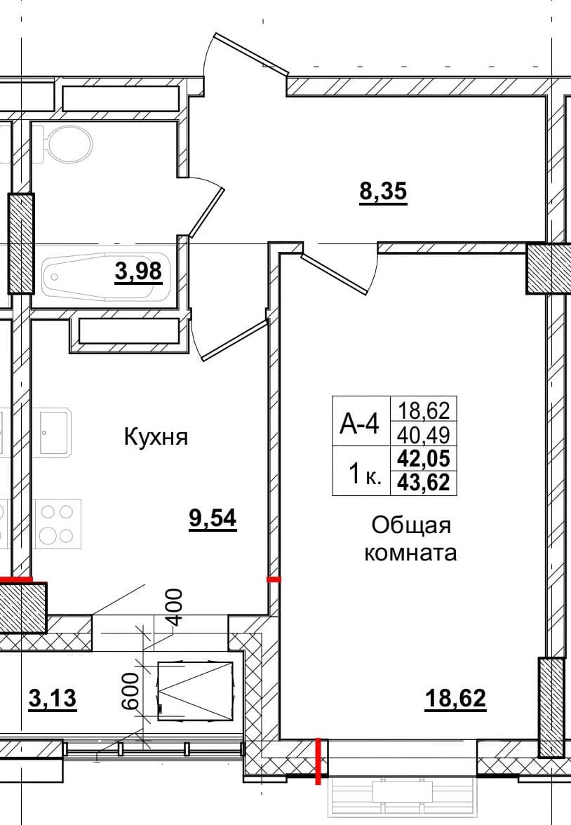 1 комн., 39.8 м²