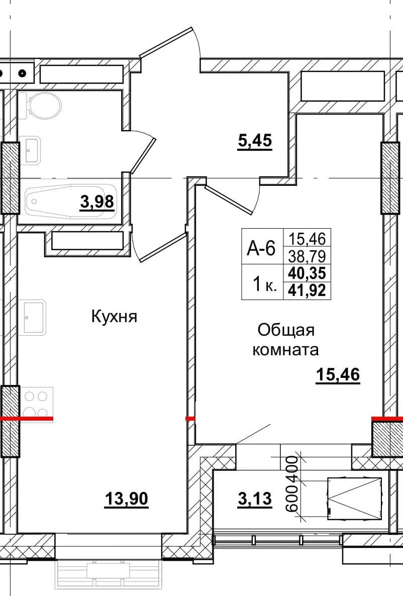 1 комн., 40.3 м²