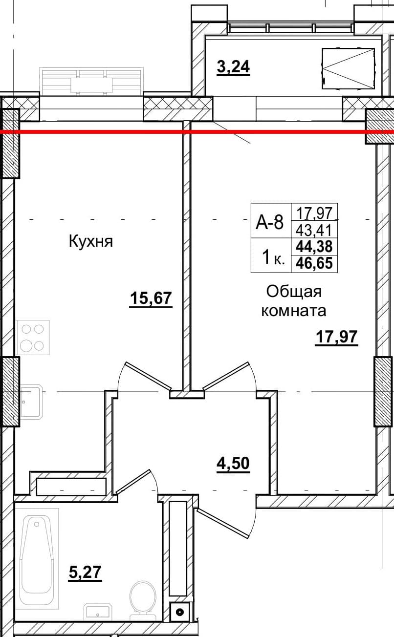 1 комн., 44.5 м²