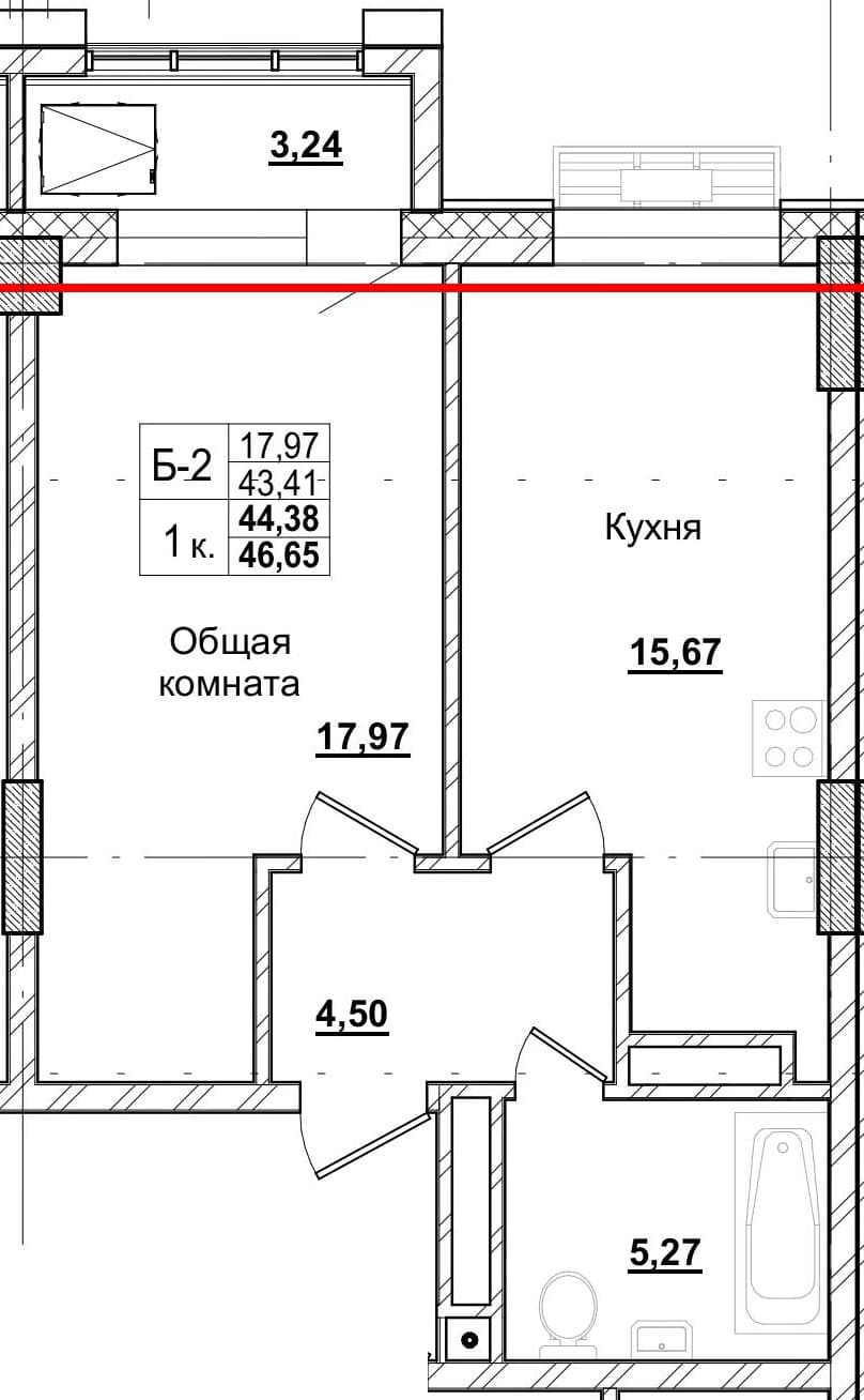 1 комн., 44.5 м²