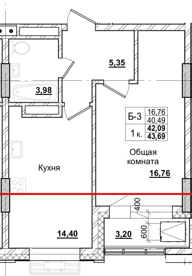 1 комн., 42.0 м²