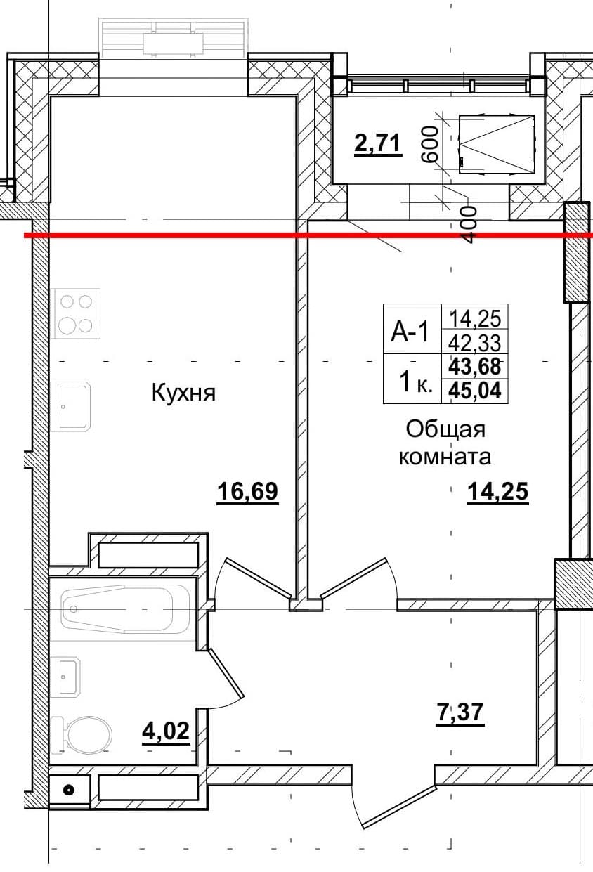 1 комн., 43.8 м²
