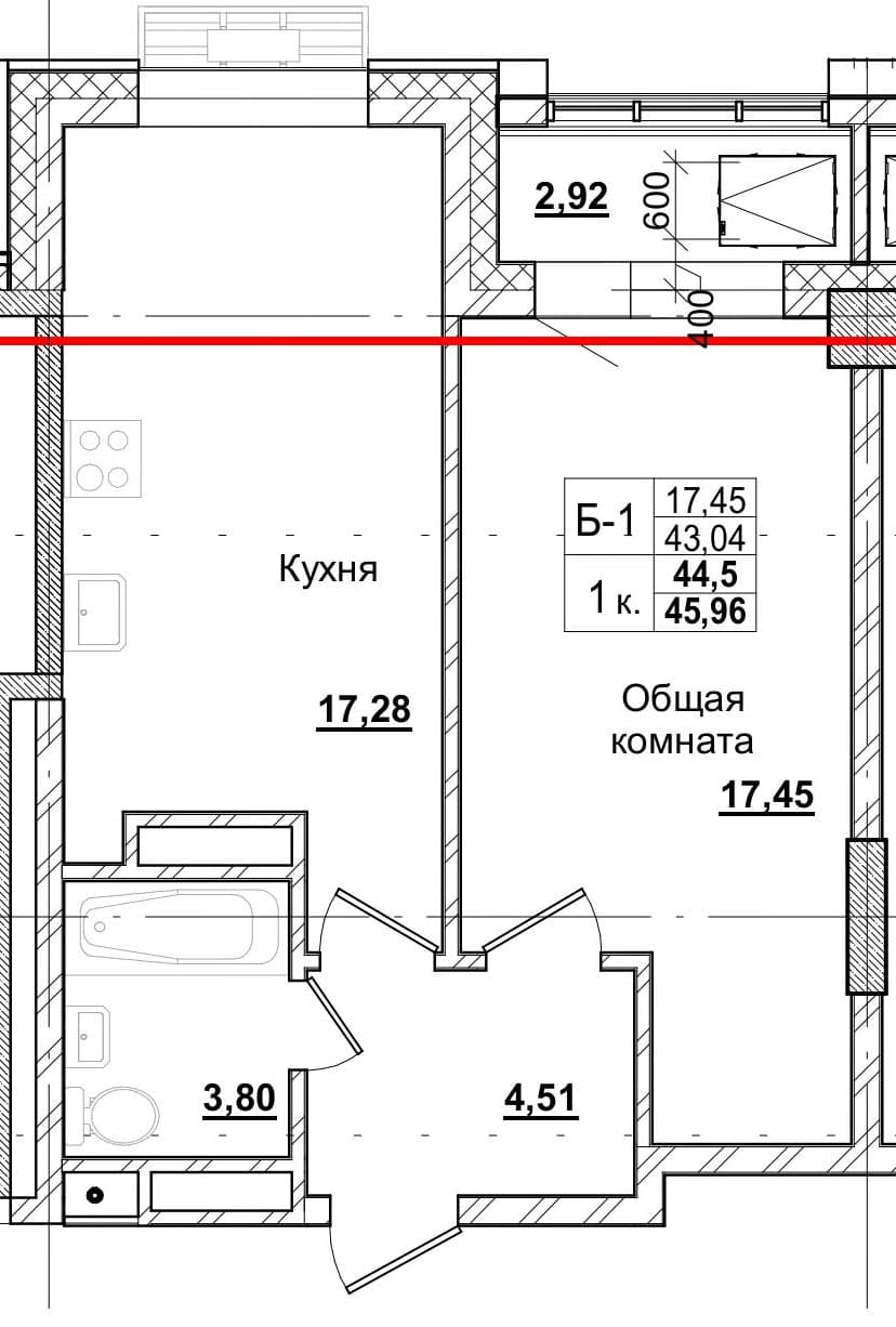 1 комн., 44.3 м²