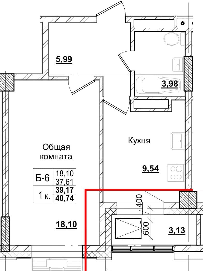 1 комн., 39.2 м²