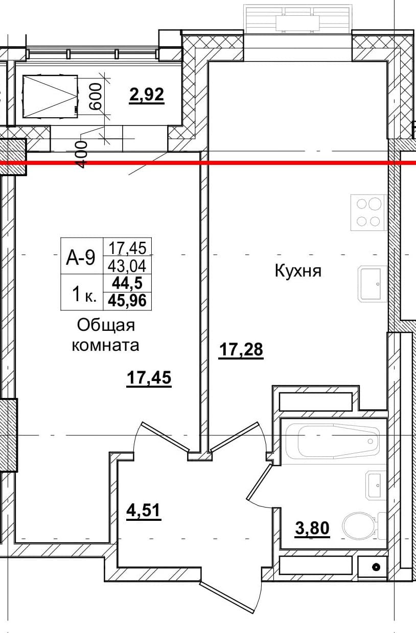 1 комн., 44.4 м²