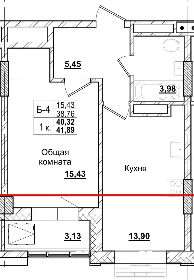 1 комн., 40.3 м²