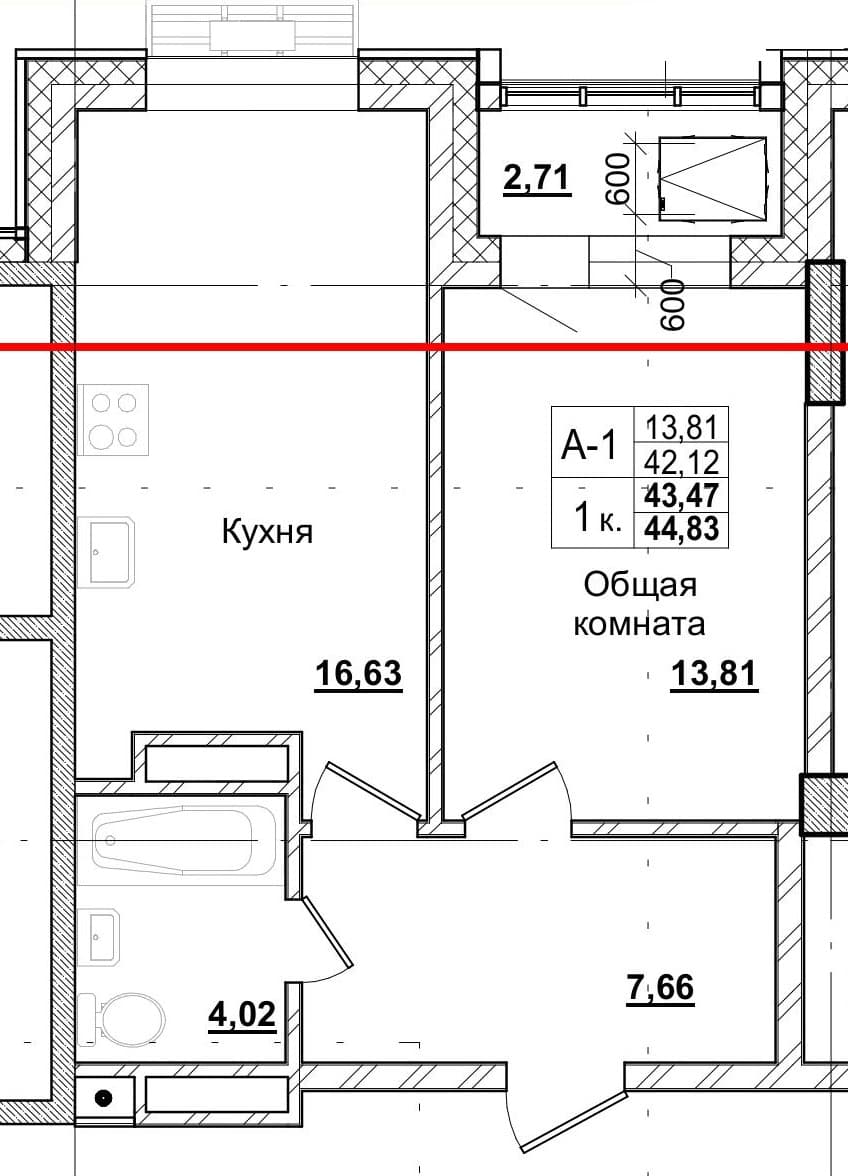 1 комн., 43.4 м²