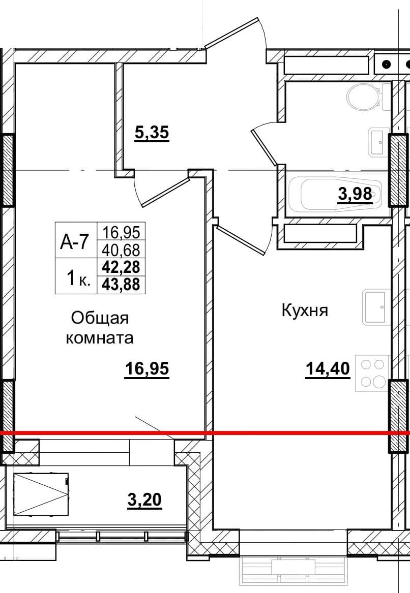1 комн., 42.0 м²