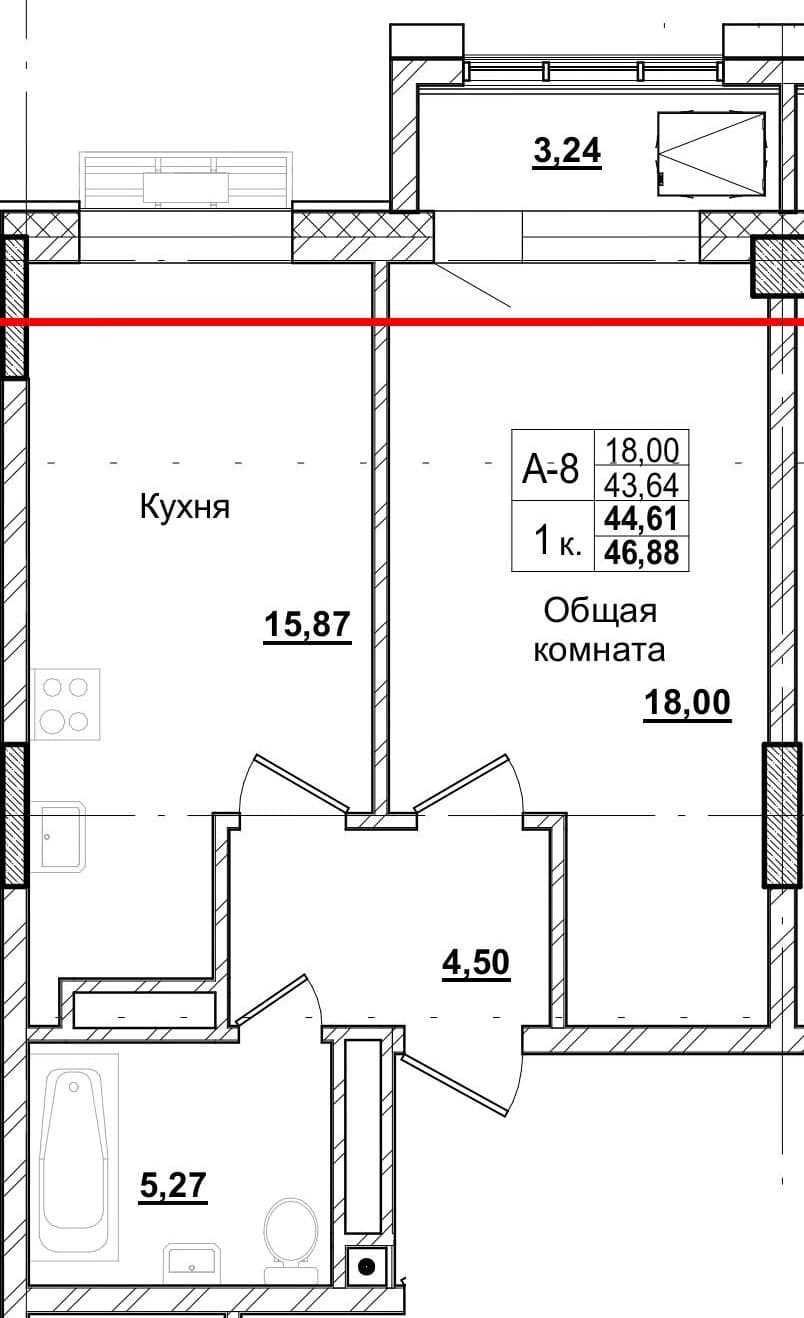 1 комн., 44.3 м²