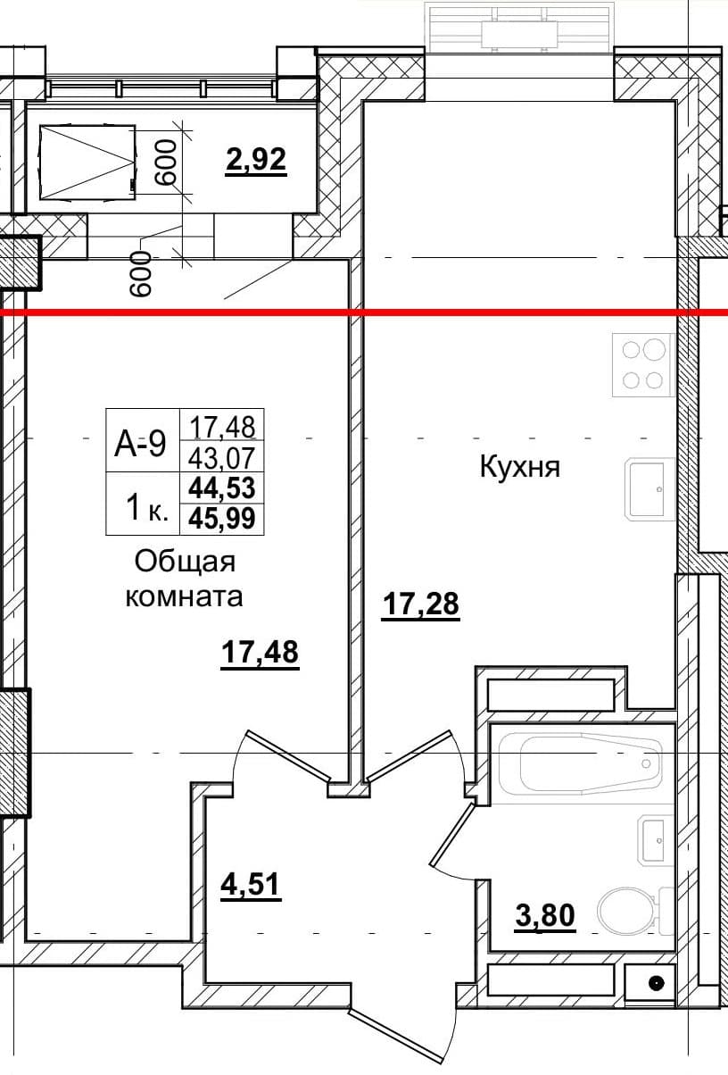 1 комн., 44.1 м²