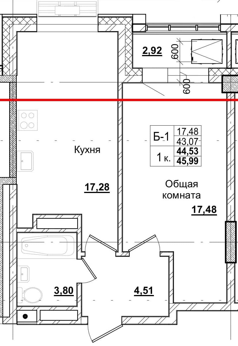1 комн., 44.2 м²