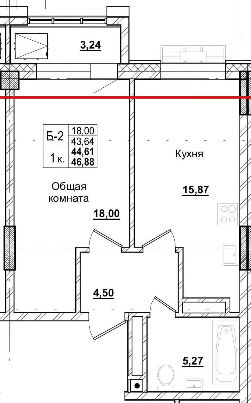 1 комн., 44.5 м²