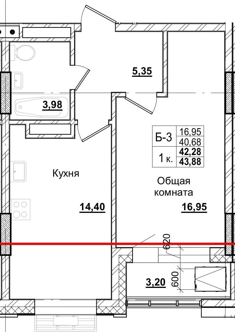 1 комн., 41.9 м²