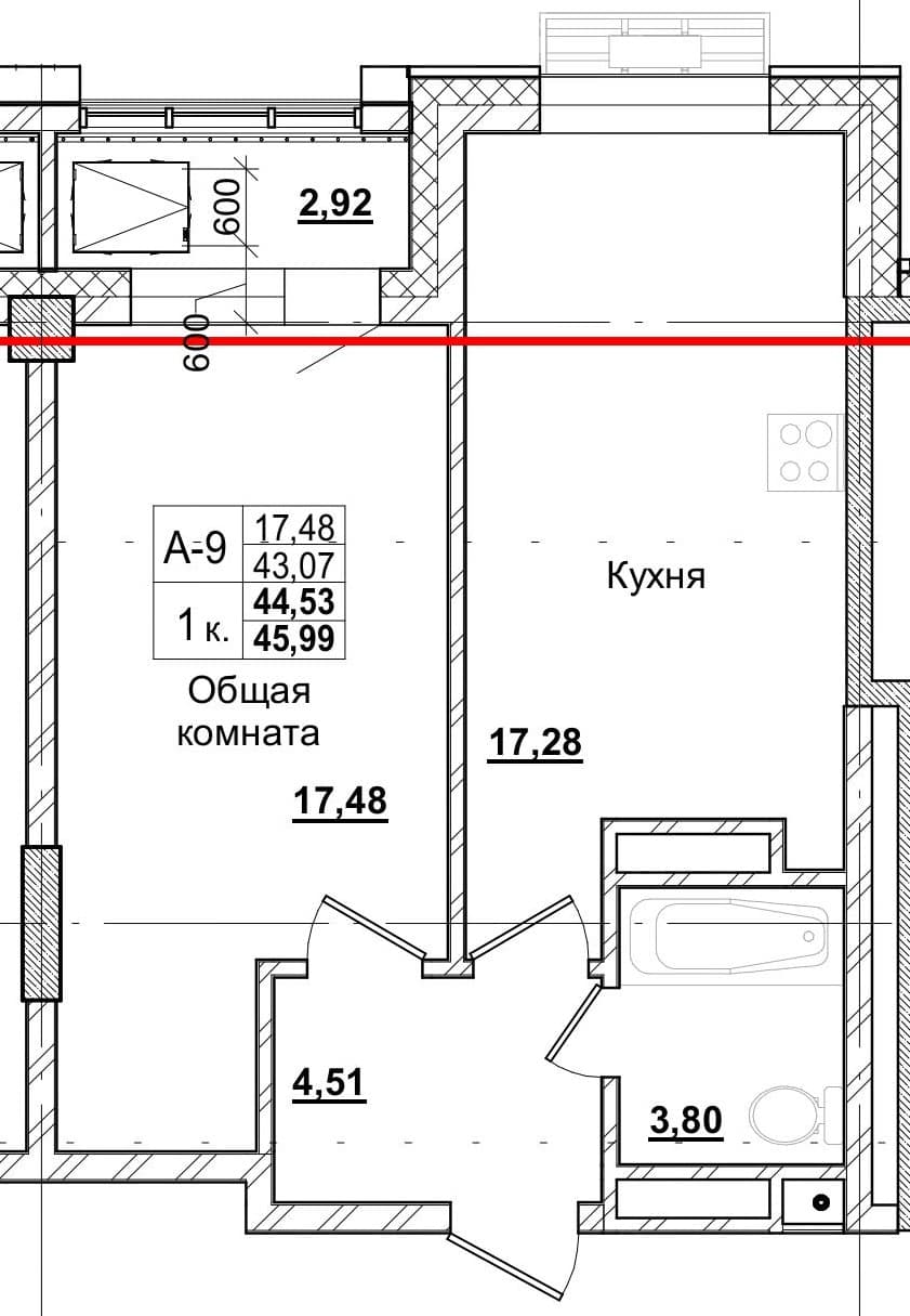 1 комн., 44.1 м²