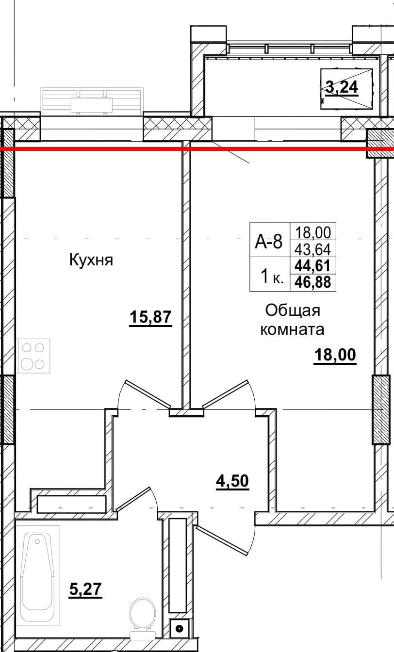 1 комн., 44.3 м²