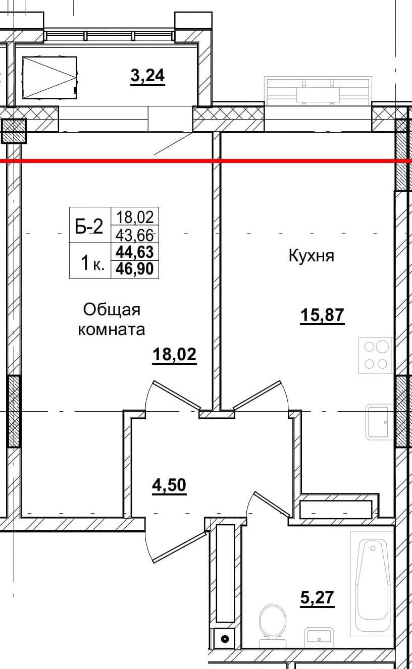 1 комн., 44.2 м²