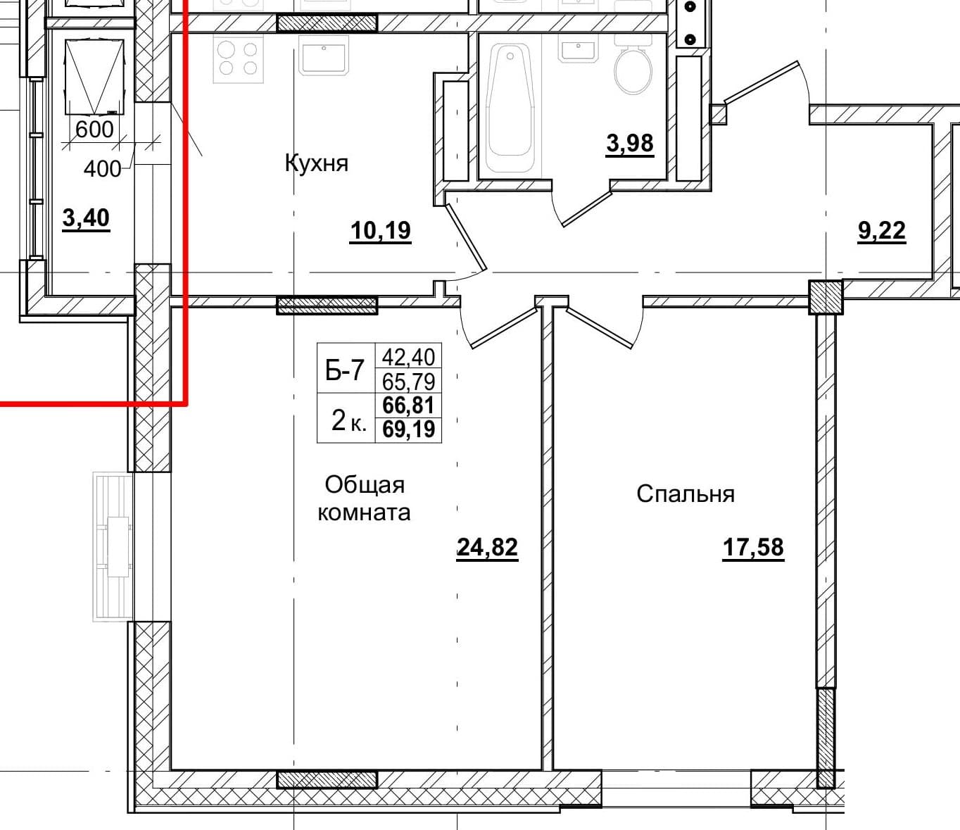 2 комн., 66.6 м²