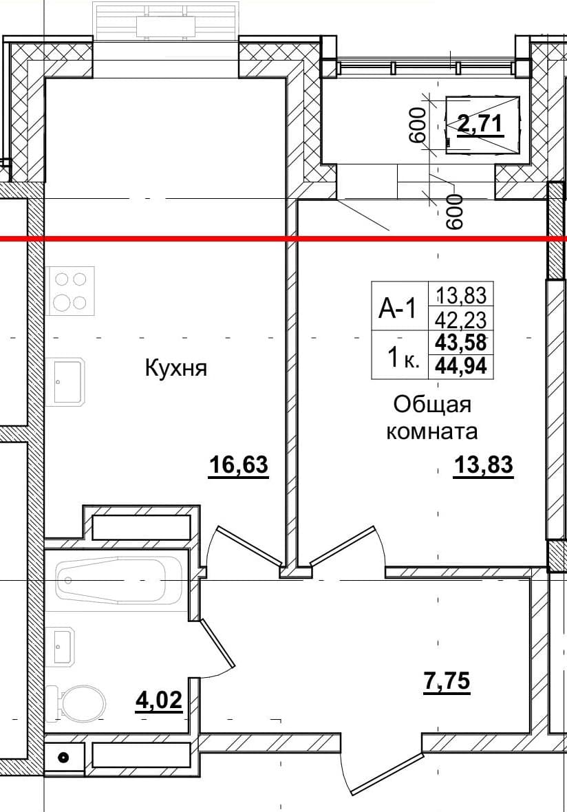 1 комн., 43.0 м²