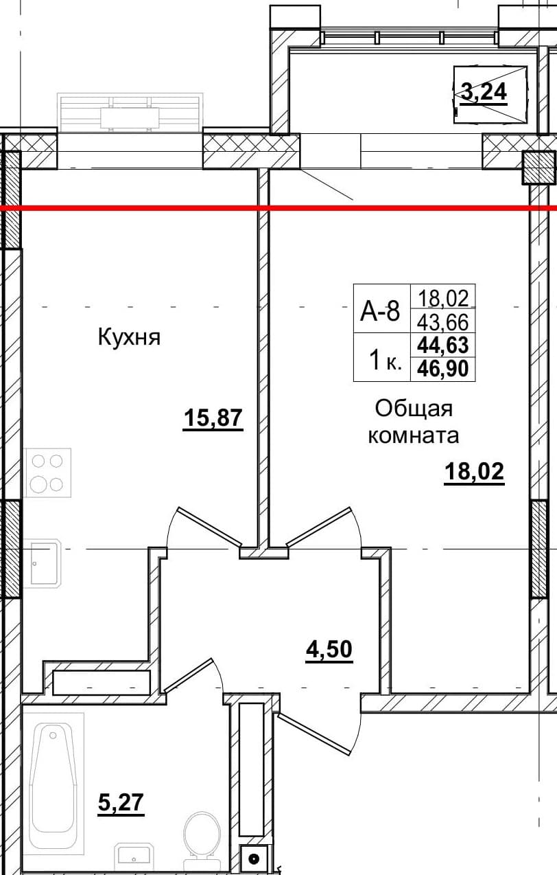 1 комн., 44.2 м²