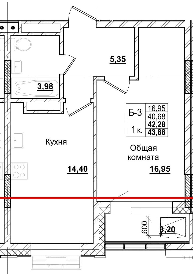 1 комн., 41.9 м²