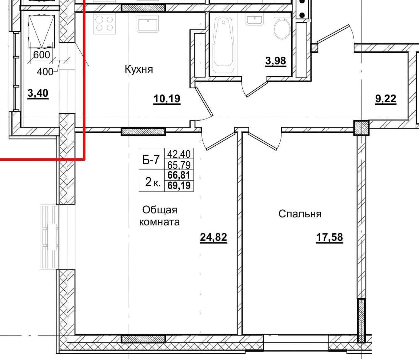 2 комн., 66.6 м²