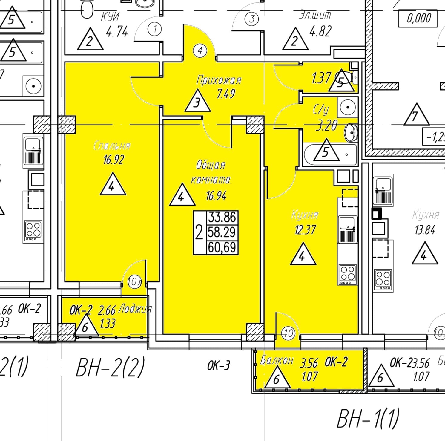 2 комн., 60.7 м²