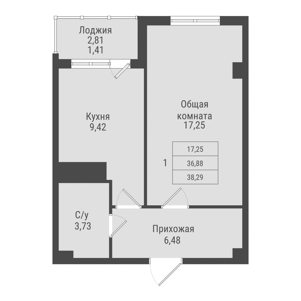 1 комн., 38.3 м²