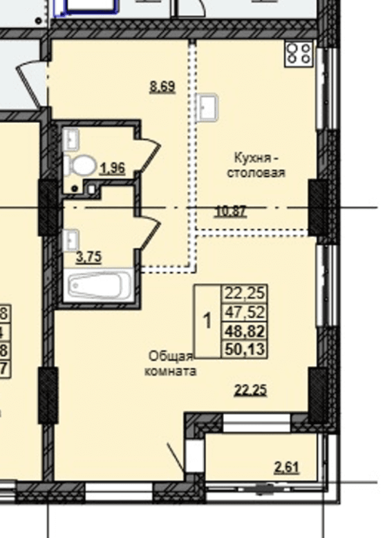 1 комн., 48.8 м²