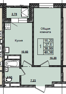 1 комн., 39.0 м²