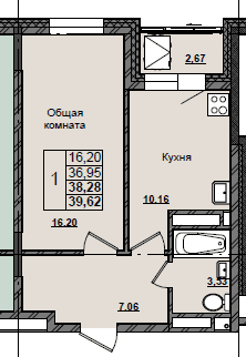 1 комн., 38.3 м²