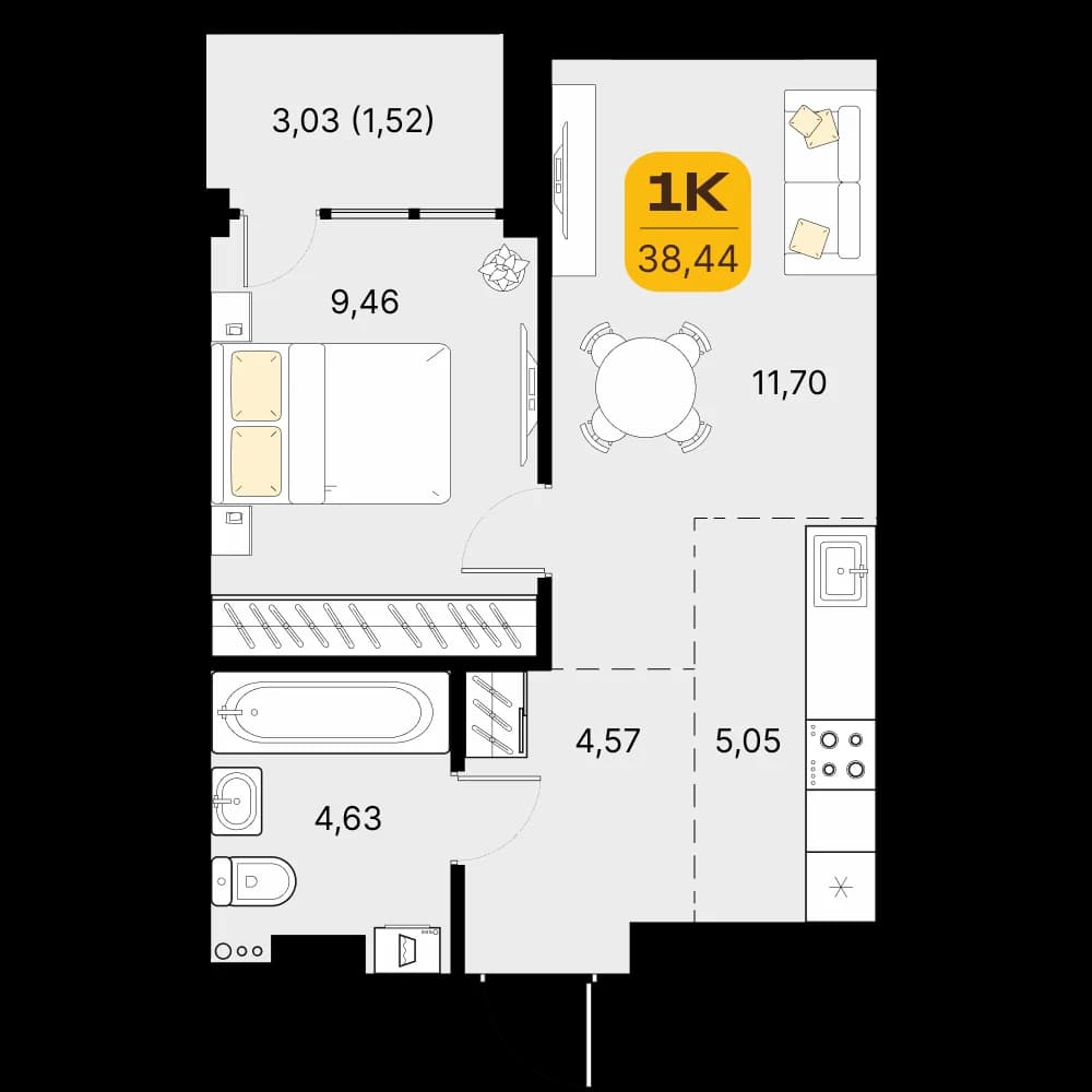 1 комн., 35.4 м²
