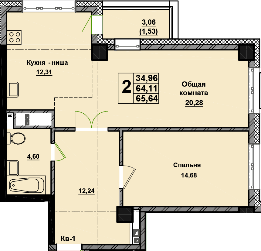 2 комн., 65.6 м²