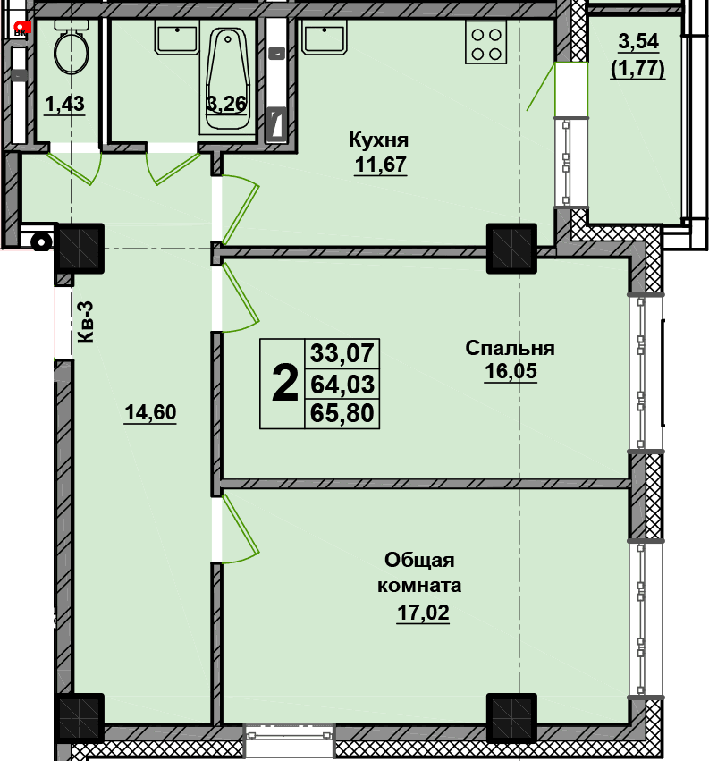 2 комн., 65.8 м²