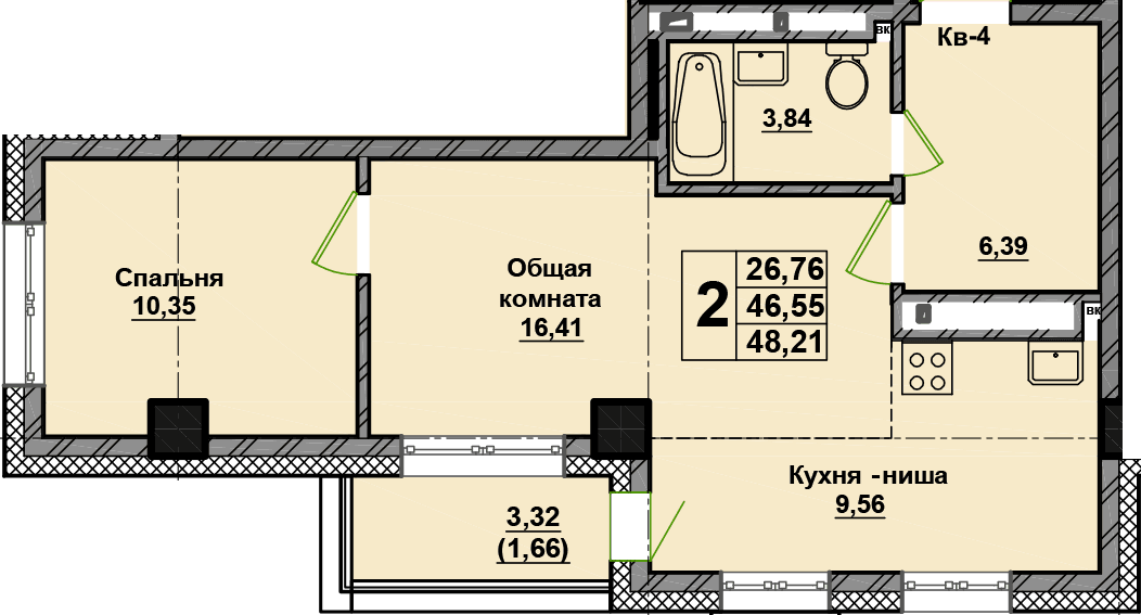 2 комн., 48.2 м²