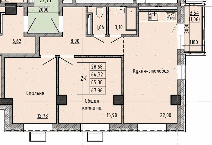 2 комн., 65.4 м²