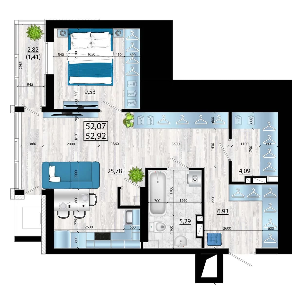 2 комн., 53.3 м²