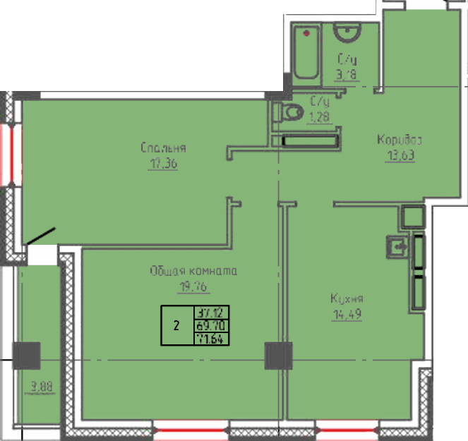 2 комн., 71.6 м²