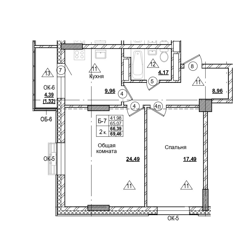 2 комн., 66.4 м²
